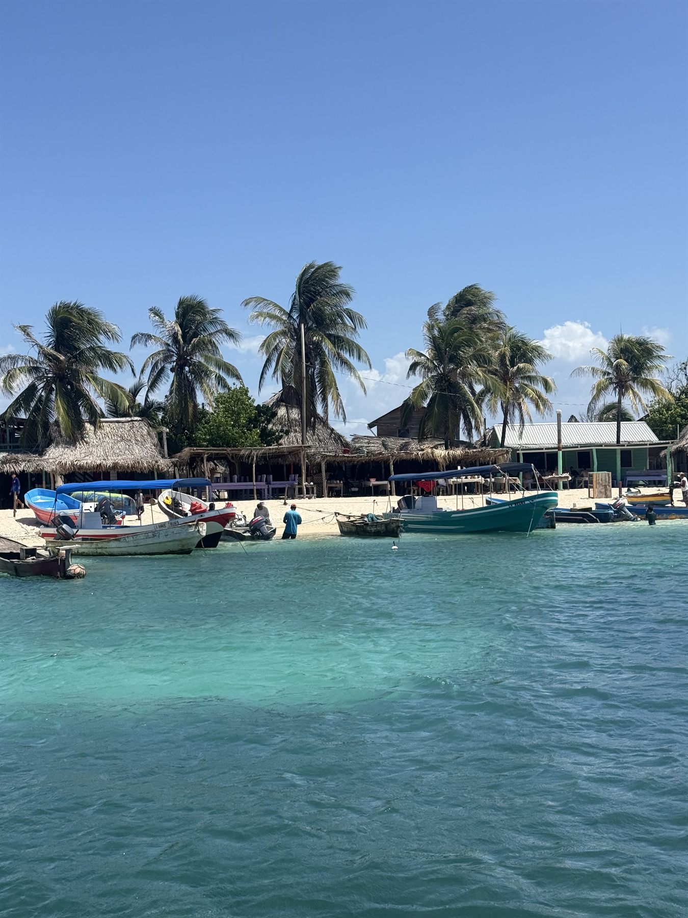 Fishing boats pulled up to a white sand cay, palm thatch huts under coconut palms
